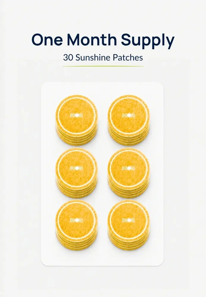 One-month supply of Duori Sunshine Vitamin D Patches featuring 30 yellow wellness patches designed for daily support of mood, immune health, energy levels, and overall vitality.