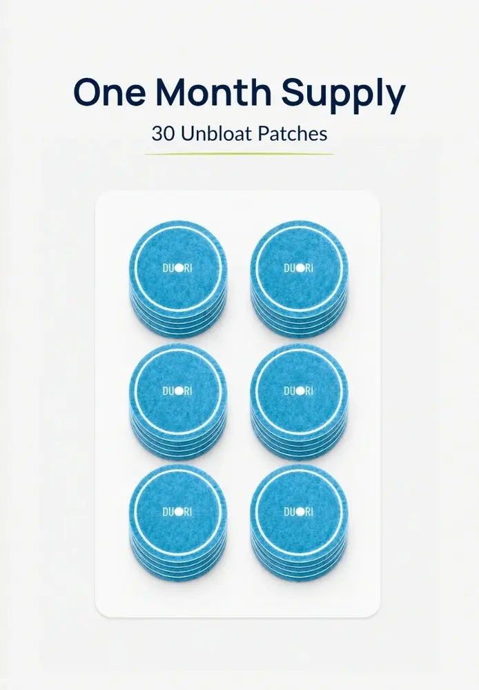 One-month supply of Duori Unbloat Patches featuring 30 wearable digestive support patches designed to help reduce bloating, promote gut comfort, and support daily digestive wellness.