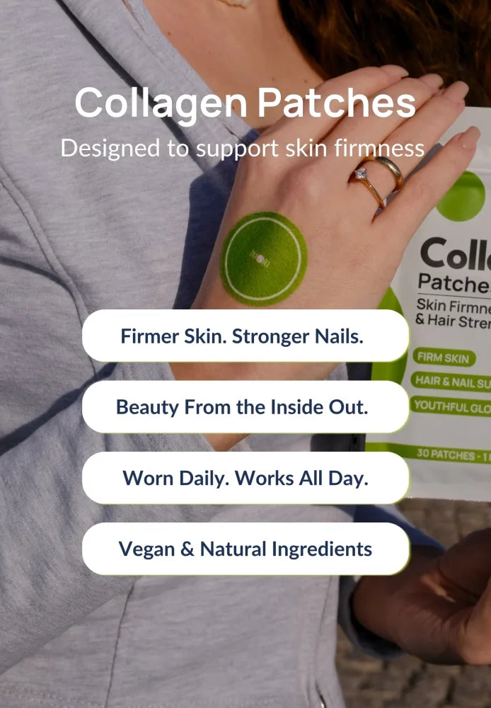 Woman wearing a Duori Collagen Patch on her hand, highlighting skin firmness, stronger nails, beauty support, and natural wellness ingredients.