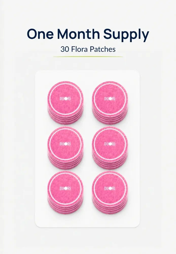 30-count Duori Flora Patches monthly supply displayed on a tray, designed to support feminine wellness, microbiome balance, and daily intimate care.