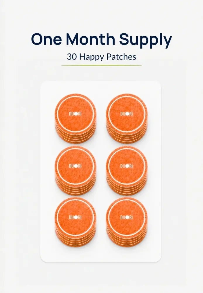 30-count Duori Happy Patches monthly supply displayed on a tray, designed to support mood, emotional wellness, positive energy, and daily well-being.