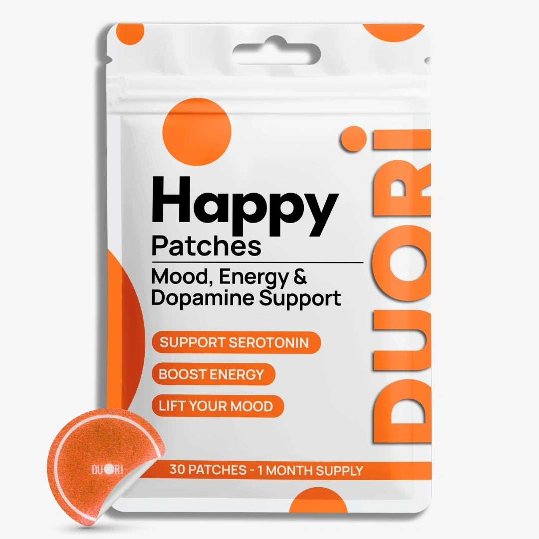 Duori Happy Patches packaging featuring mood support, energy support, dopamine wellness support, and a 30-patch monthly supply.
