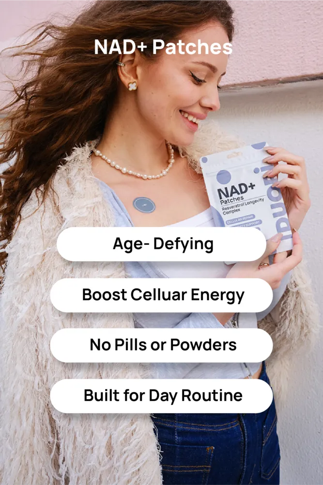 woman wearing nad plus patch showing benefits for cellular energy daily routine and healthy aging support