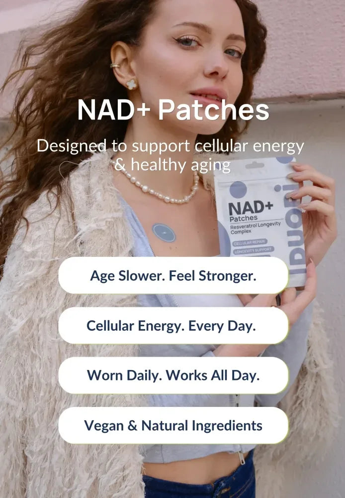 Lifestyle image of a woman wearing a Duori NAD+ Patch, highlighting cellular energy, vitality, healthy aging support, and daily wellness.