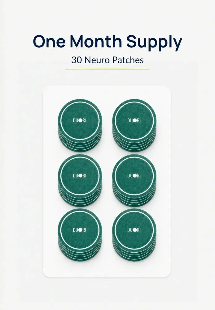 Thirty Duori Neuro Patches displayed as a one-month supply, featuring six stacks of teal focus and energy patches arranged on a white card.