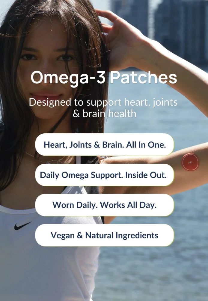 Woman wearing a Duori Omega-3 Patch on her arm with messaging highlighting daily heart, brain, and joint wellness support.