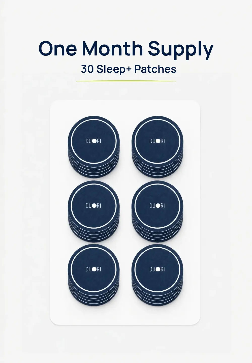 Thirty Duori Sleep+ Patches displayed as a one-month supply, providing a convenient 30-count nightly sleep and recovery wellness routine.