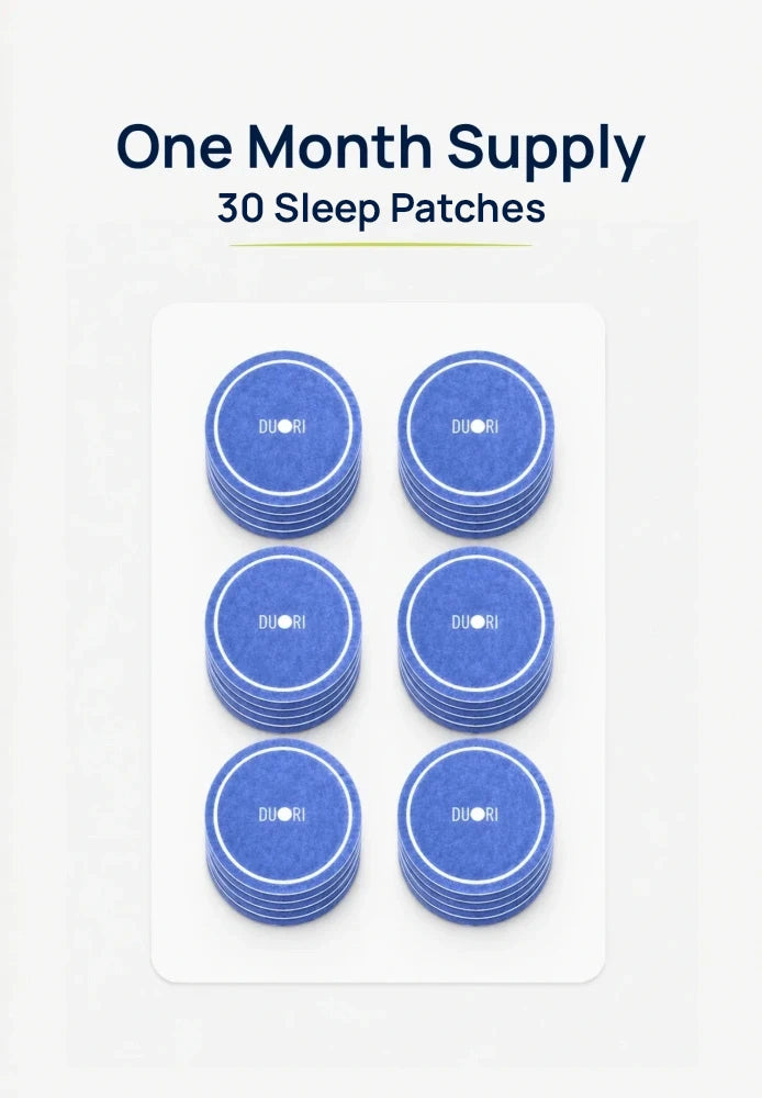 Thirty Duori Sleep Patches displayed as a one-month supply, designed for daily nighttime wellness and sleep support routines.