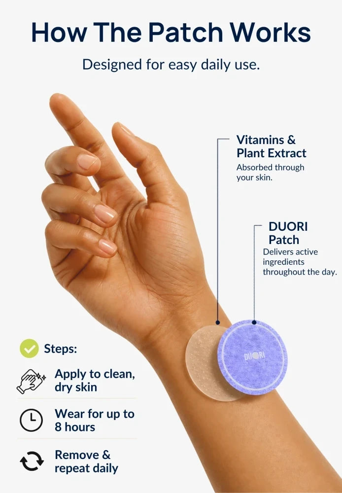 Illustration showing how Duori NAD+ Patches are applied to clean, dry skin and worn daily for up to 8 hours as part of a wellness routine.