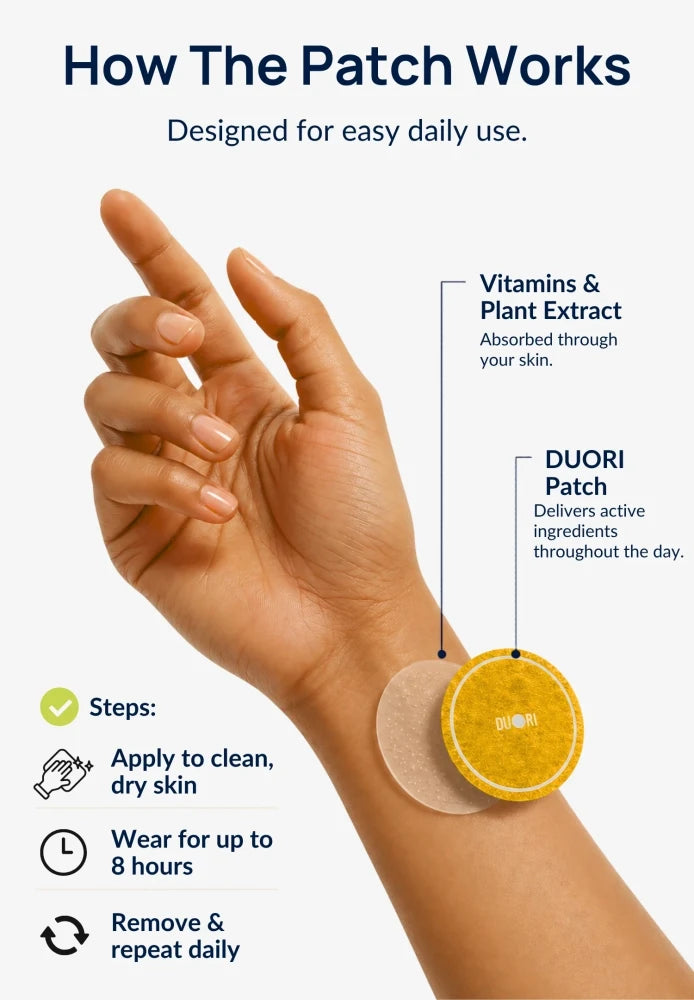 Illustration showing how Duori Sunshine Vitamin D Patches are applied to clean, dry skin and worn daily. Wearable wellness patch designed for convenient daily use and continuous ingredient delivery throughout the day.
