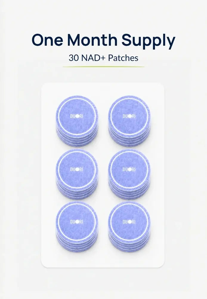 One-month supply of Duori NAD+ Patches showing 30 individual patches designed for daily wellness support.
