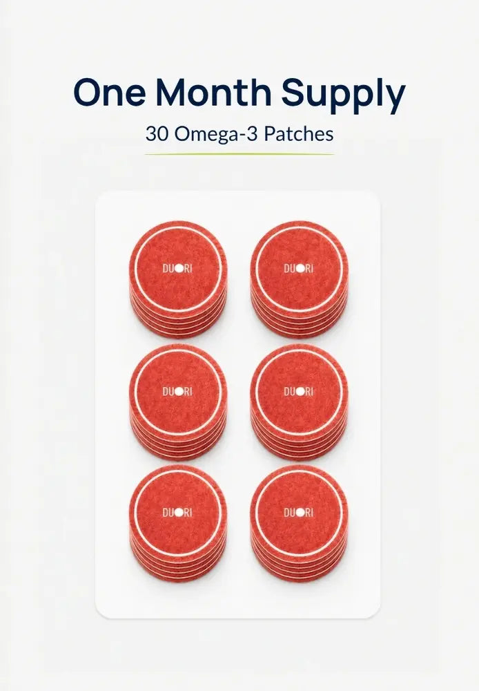 Duori Omega-3 Patches one-month supply containing 30 daily wellness patches. Convenient Omega-3 patch format designed for everyday heart, brain, and overall wellness support.