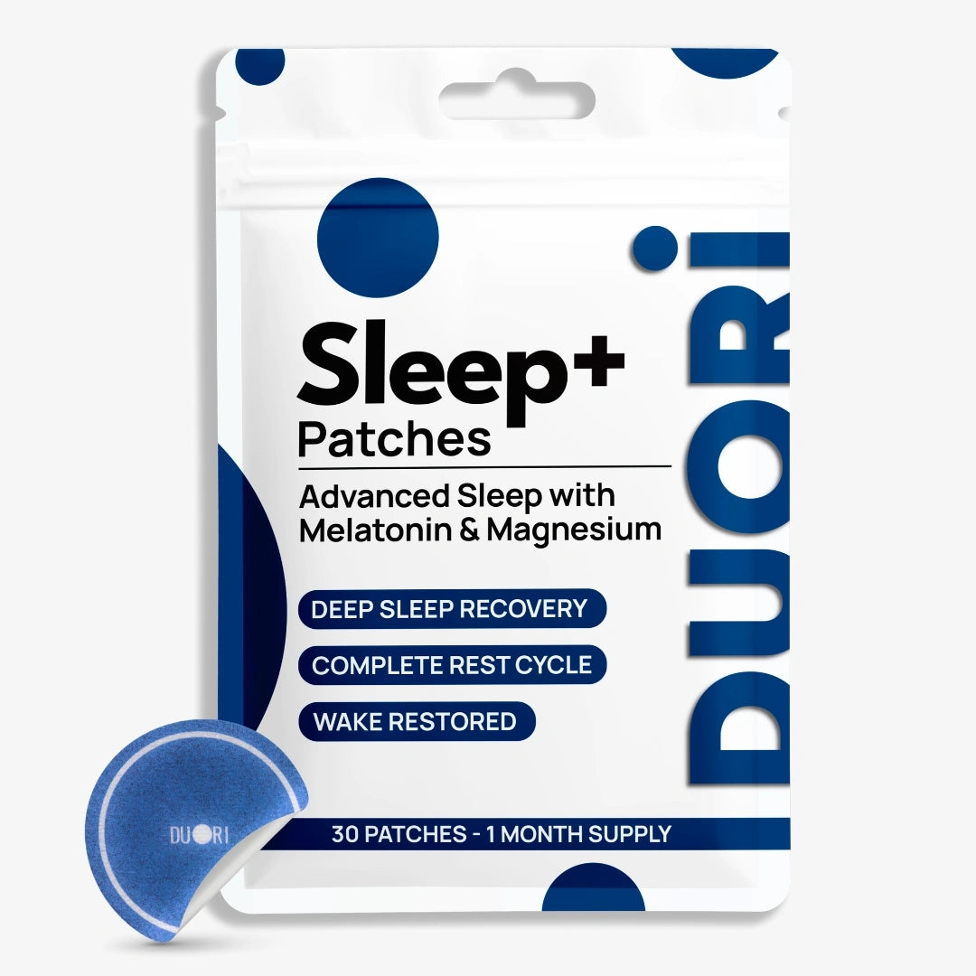Duori Sleep+ Patches packaging featuring melatonin and magnesium, 30-patch monthly supply designed to support restful sleep and nighttime recovery.