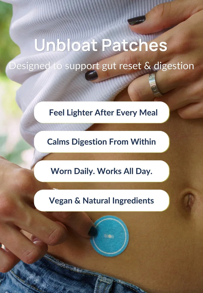Lifestyle image of Duori Unbloat Patches applied to the abdomen, highlighting digestive comfort, bloating relief, gut balance support, vegan ingredients, and all-day wellness benefits.