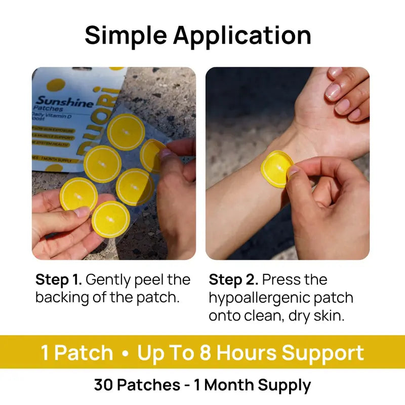 Step by step application of Duori vitamin D patch showing peeling and applying patch on clean dry skin