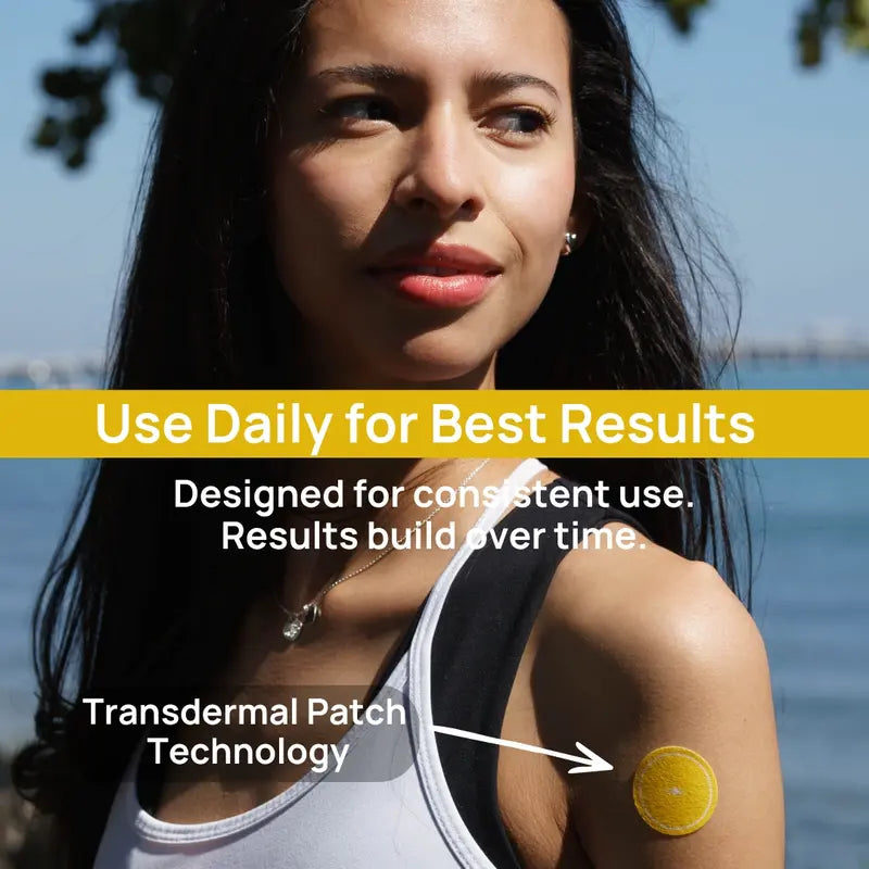 Woman wearing Duori transdermal vitamin D patch on shoulder for daily use, supporting energy, wellness, and consistent results